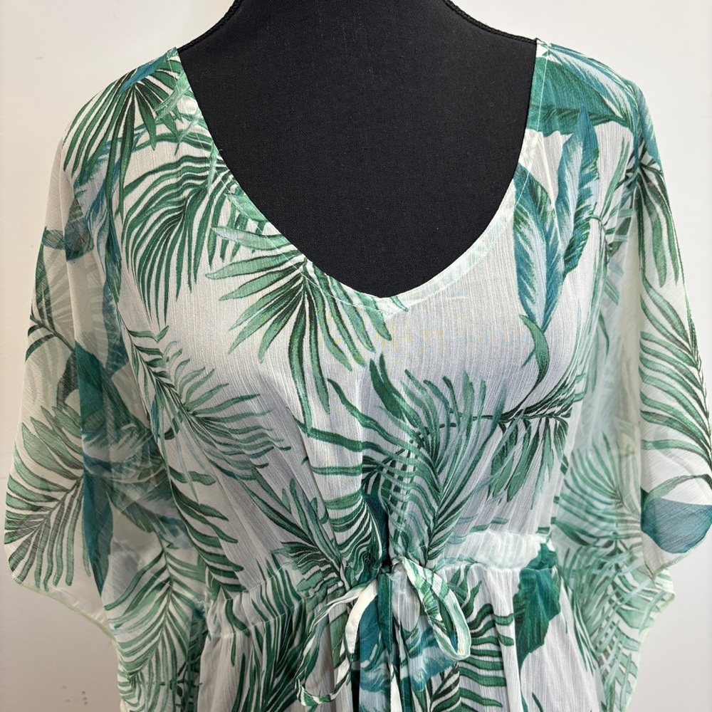 Kona Sol Tropical Palm Leaf Midi Dress Cover Up M Green Resort Vacation Tassel - Picture 6 of 14